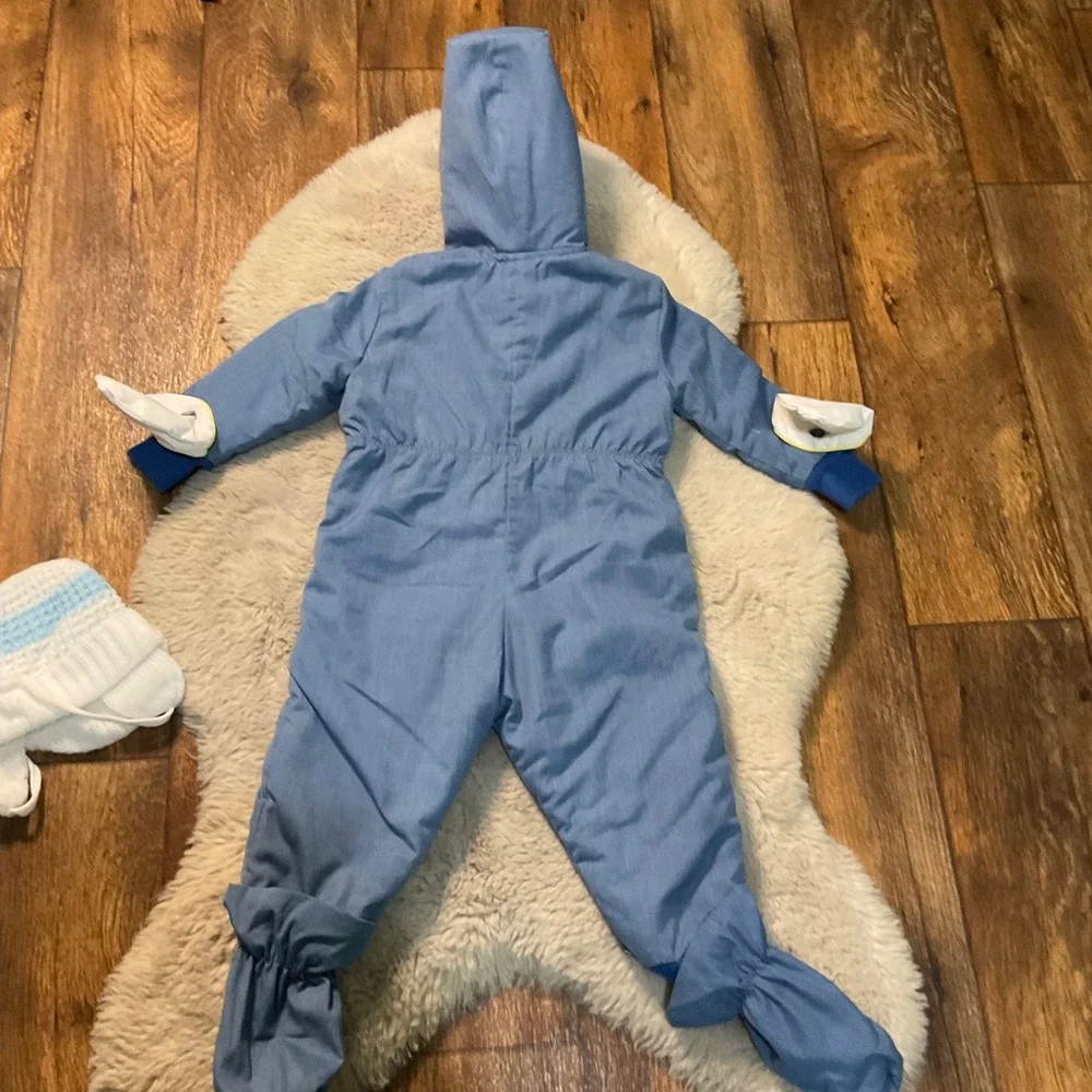 Vintage Snowsuit Baby Bunting Blue Embroidered Hand Foot Covers Removable Hooded